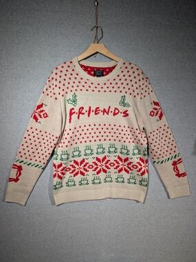 Friends Television Show Ugly Christmas Sweater Large Beige Red Fair Isle Coffee